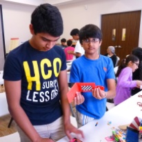 Eshaan and Arjun making duct tape wallet